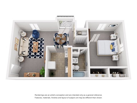 Floor plan for 1 bed, 1 bath, 750 sqft